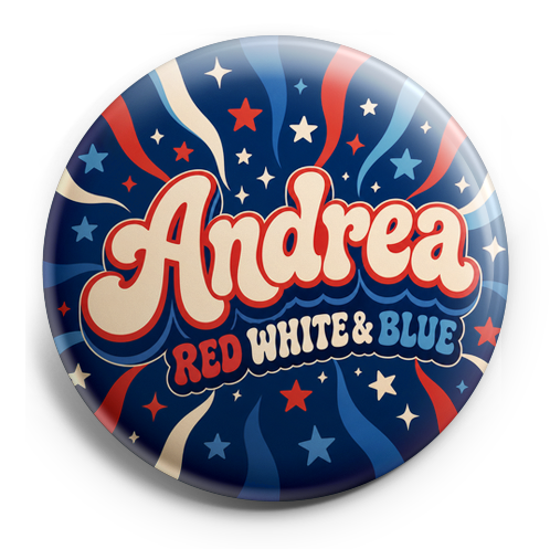 Andrea in retro 70s bubble script with "RED WHITE & BLUE" sm… – Topper