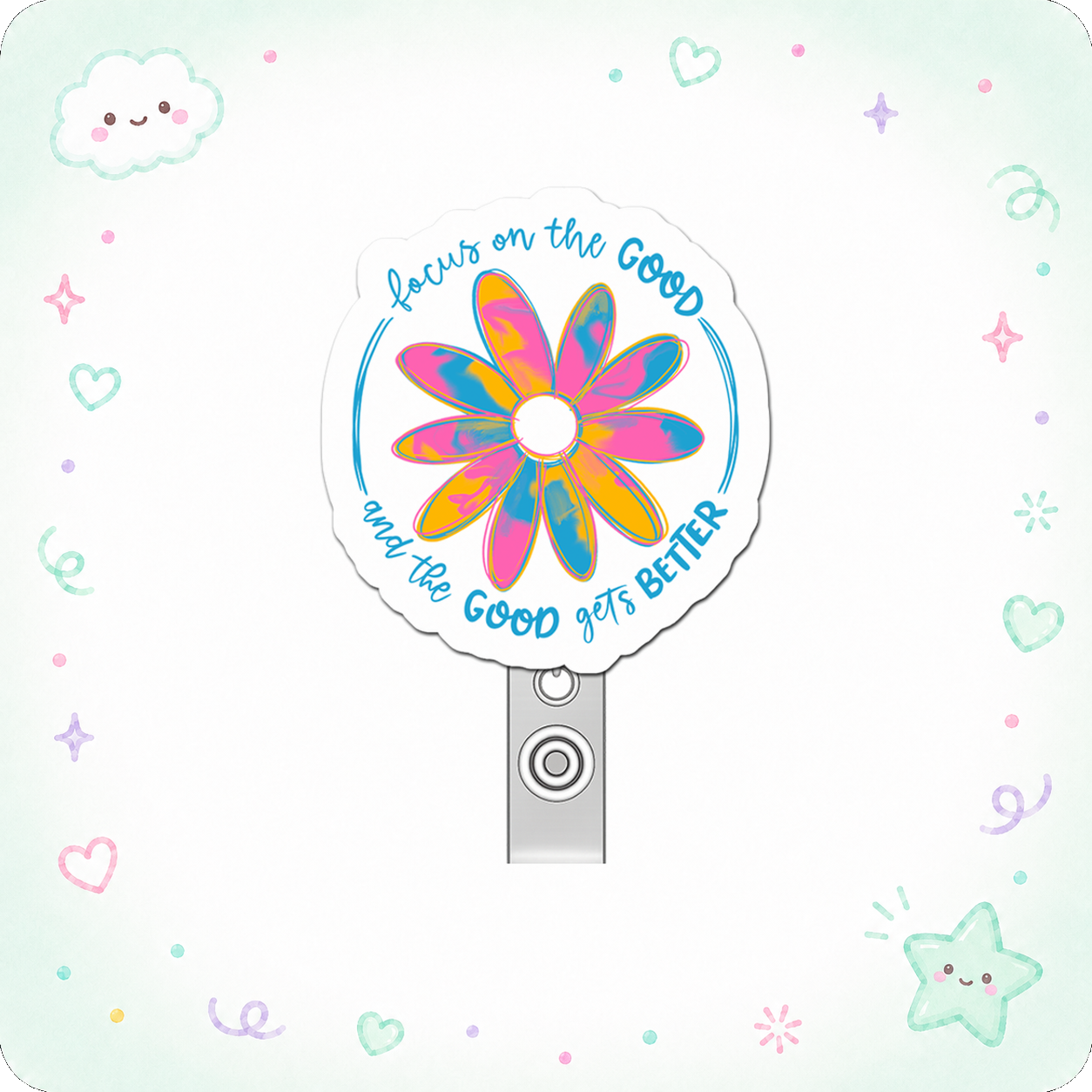 Optimism Overload Guru Pop Topper Swapfinity Retractable ID Badge Reel - - Topperswap