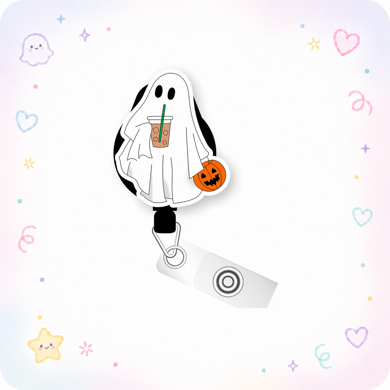 Iced Boo Latte Ghost Pop Topper Swapfinity Retractable ID Badge Reel - - Topperswap