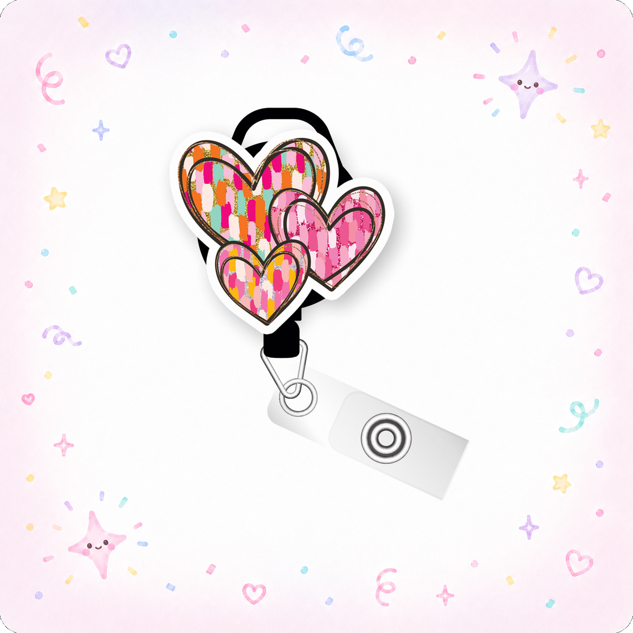Heart Patchwork Trio Pop Topper Swapfinity Retractable ID Badge Reel - - Topperswap