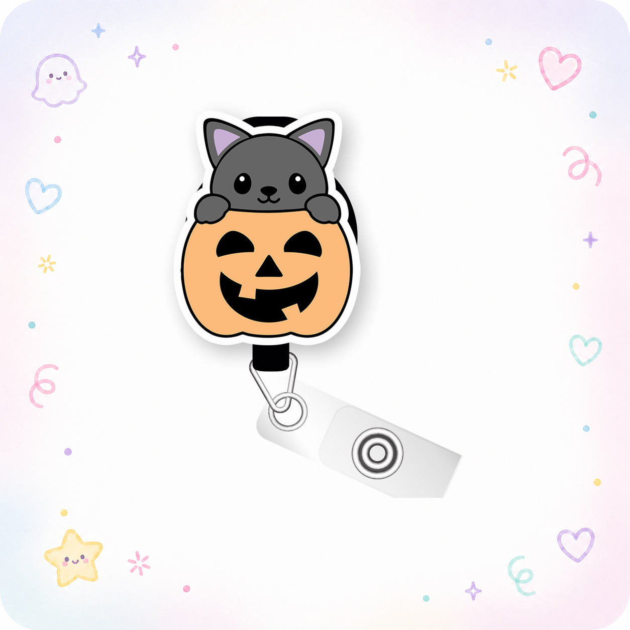 Pumpkin Peek-a-Boo Cat Pop Topper Swapfinity Retractable ID Badge Reel - - Topperswap