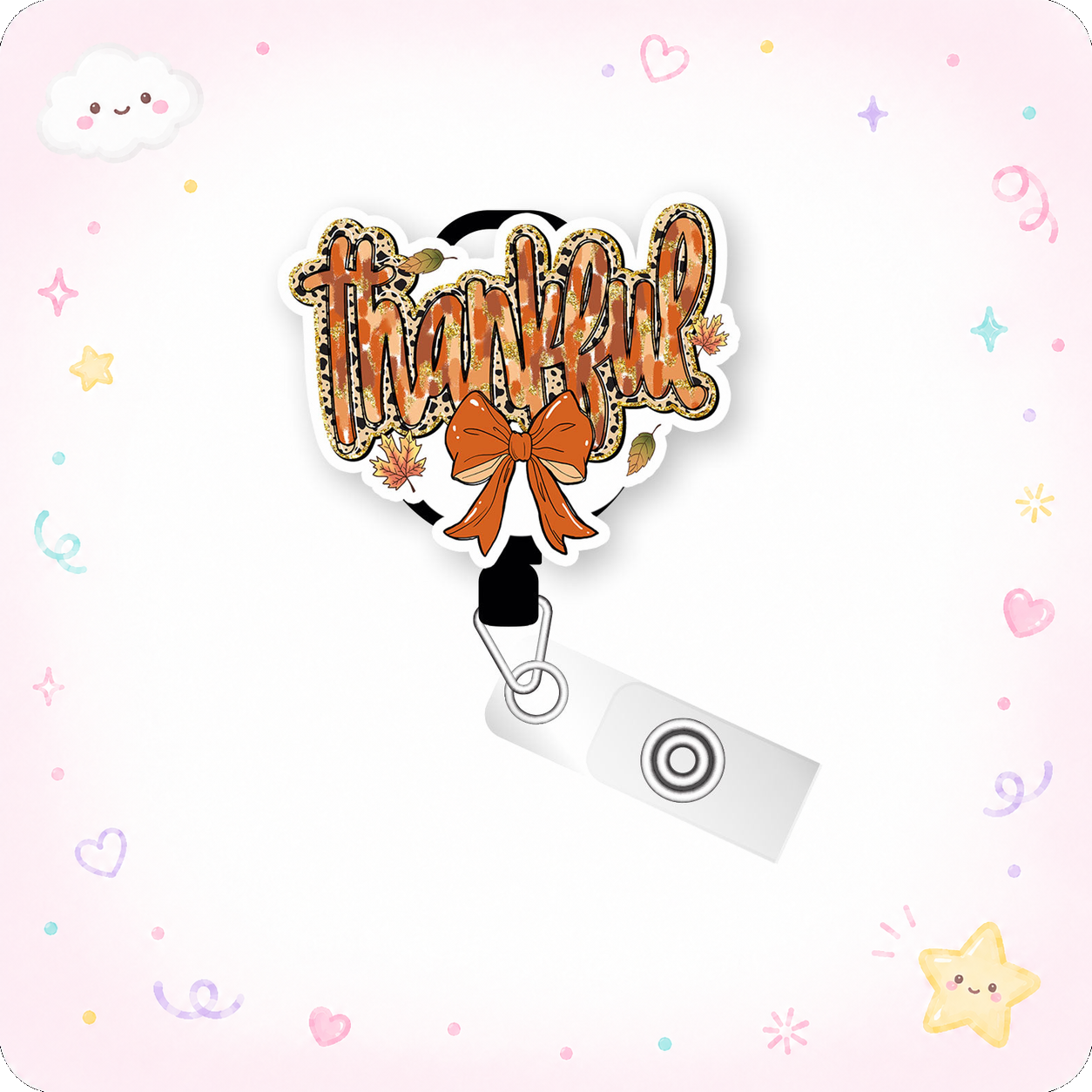 Thankful Leopard Bow Pop Topper Swapfinity Retractable ID Badge Reel - - Topperswap