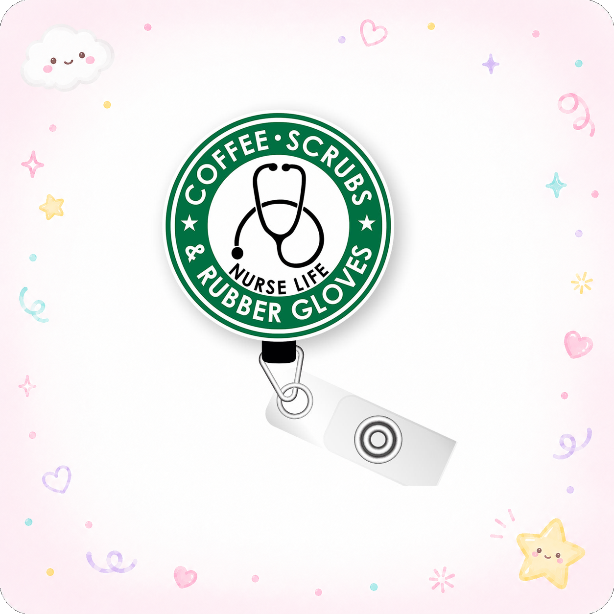 Coffee, Scrubs, Rubber Gloves Nurse Life Pop Topper Swapfinity Retractable ID Badge Reel - - Topperswap