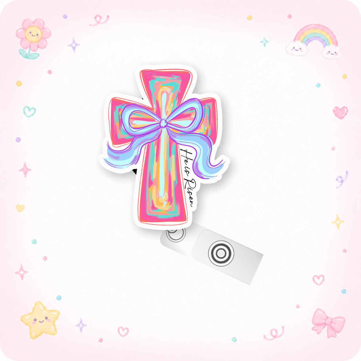 He Is Risen Watercolor Cross Pop Topper Swapfinity Retractable ID Badge Reel - - Topperswap