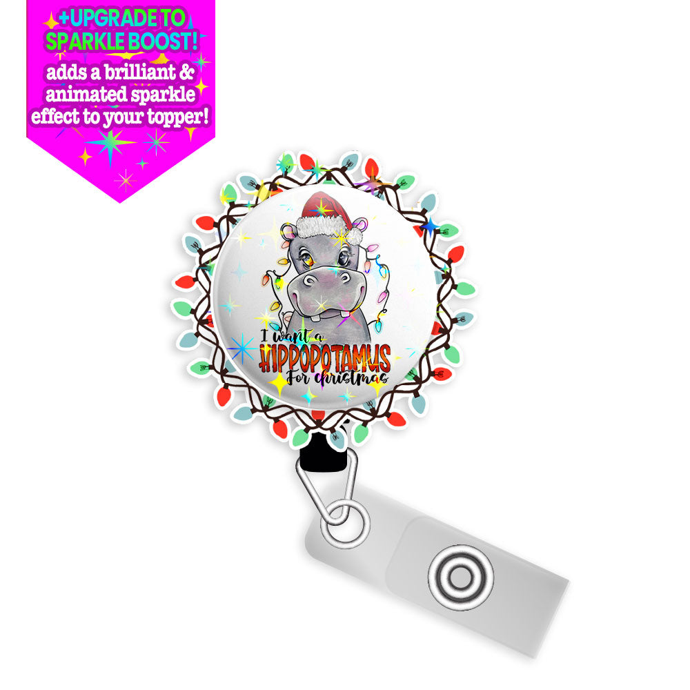 Hippopotamus Holiday Swapfinity Retractable ID Badge Reel Bundle - Alligator Clip / Black / Make it Sparkle - Topperswap