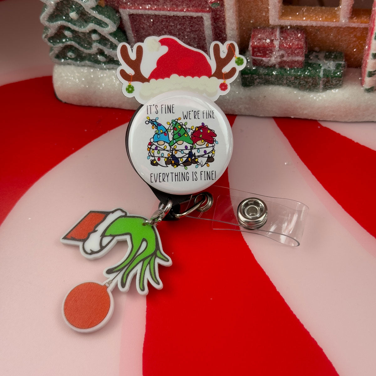 Grinchy Hand with Ornament Charm Swapfinity Badge Reel Add-on -  - Topperswap