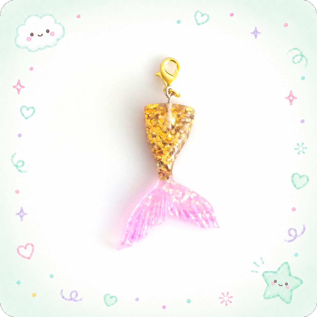 Gold & Pink Mermaid Tail Charm Badge Reel Add-on - - Topperswap