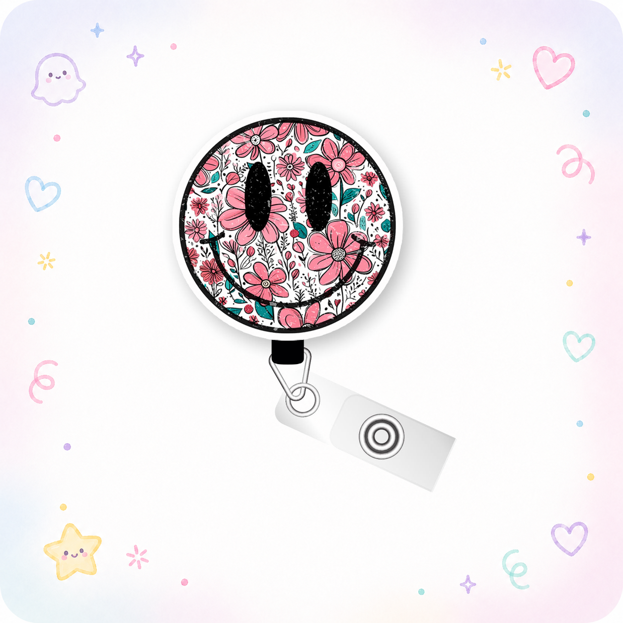 Floral Smiley Pop Topper Swapfinity Retractable ID Badge Reel - - Topperswap