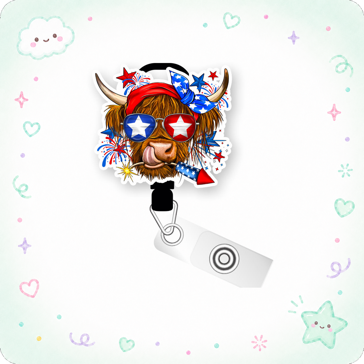 Firecracker Patriotic Cow Pop Topper Swapfinity Retractable ID Badge Reel - - Topperswap