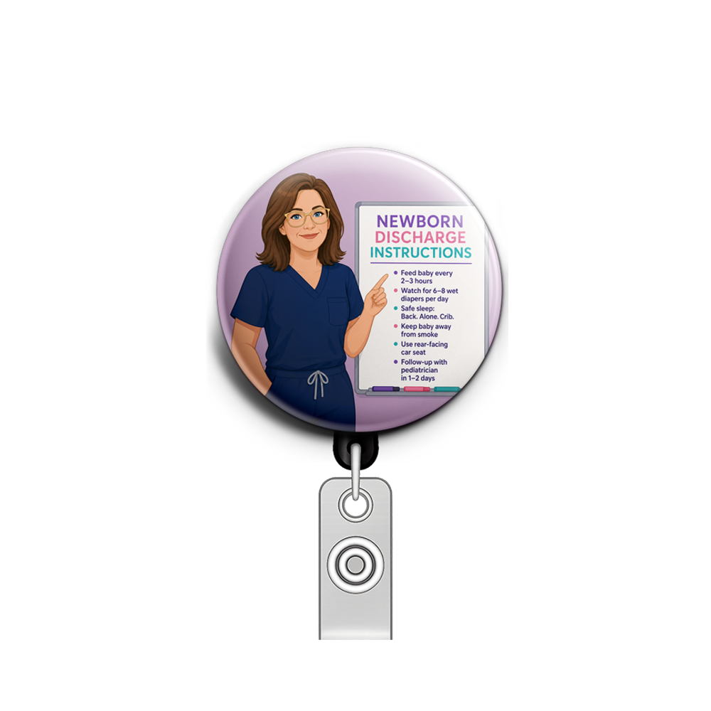 A white nurse wearing navy scrubs is in her 40s, with gold t…