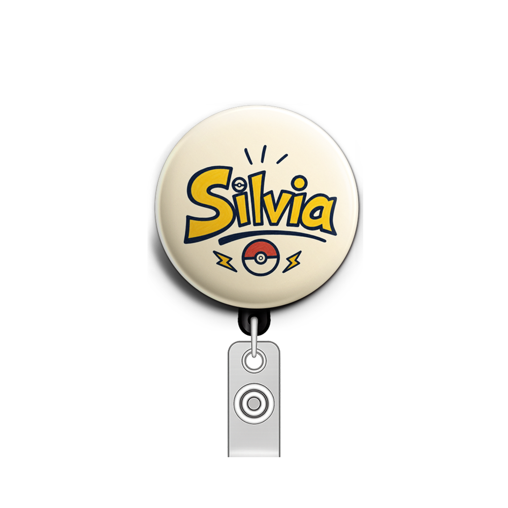 Custom Design – The name “Silvia” in Pokemon font - Badge Reel (Alligator, Black) - Topperswap
