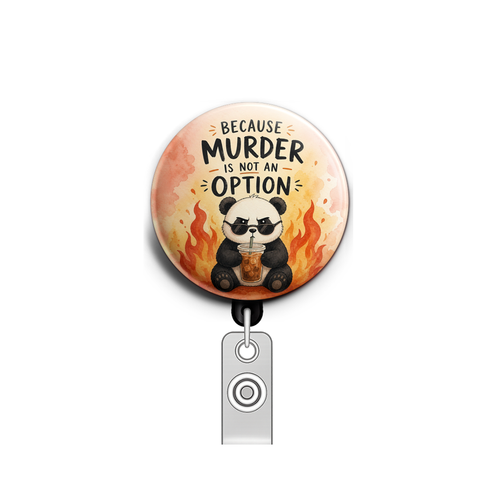 Custom Design – Panda that is drinking ice coffee and fire background with a… - Badge Reel (Alligator, Black) - Topperswap