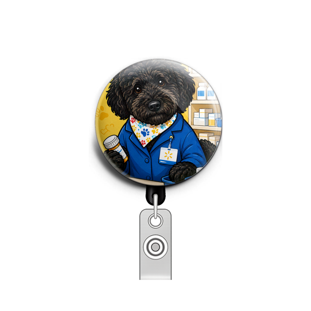 My dog as a pharmacy tech, wearing a blue lab coat (Walmart)…