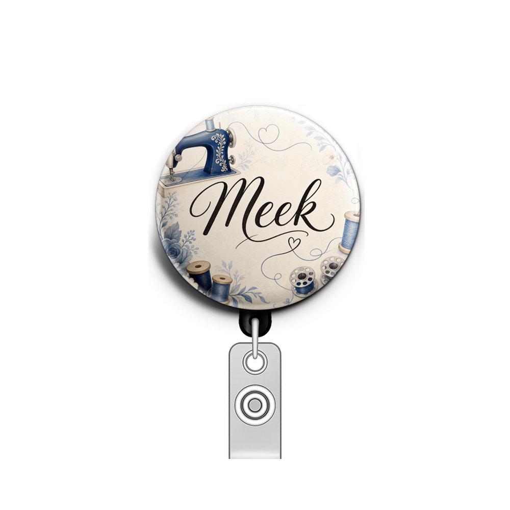 Custom Design – Sewing machine, thread, bobbins in blue - Badge Reel (Alligator, Black) - Topperswap