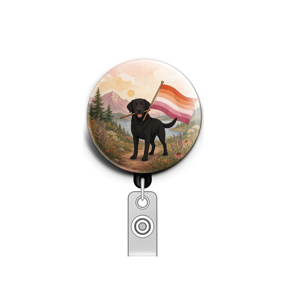 A lesbian flag being carried by a black lab on a nature back…
