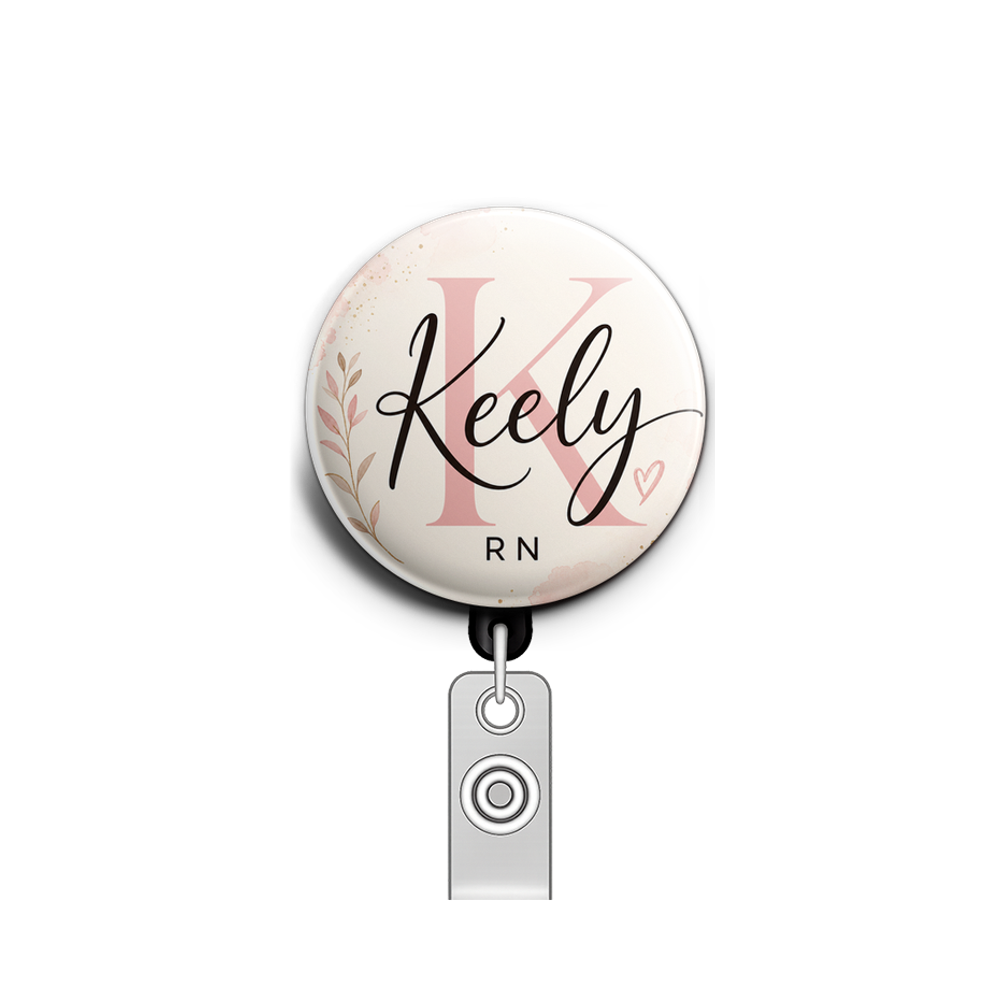 Custom Design – Large pink 'K' in background with the name written in black… - Badge Reel (Alligator, Black) - Topperswap