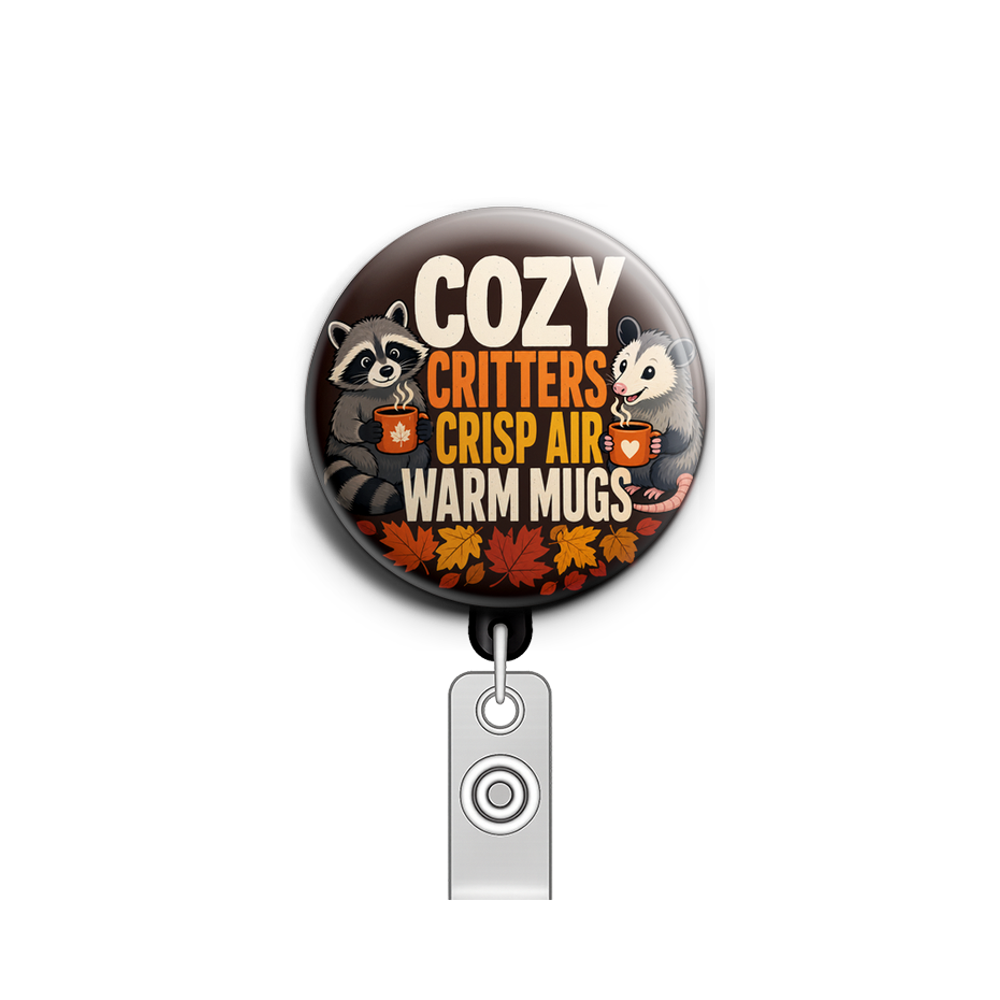Custom Design – Raccoon and possum fall colors with mugs - Badge Reel (Alligator, Black) - Topperswap