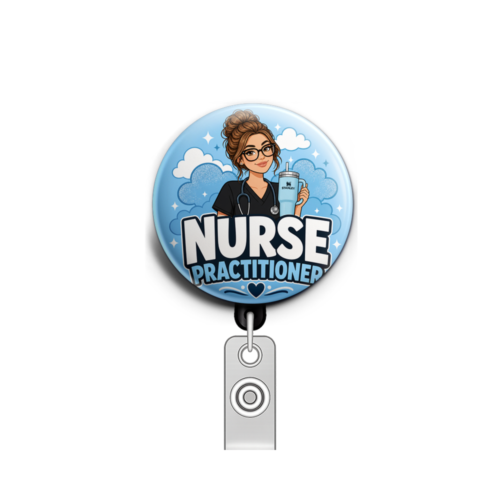 Cute nurse with light brown hair in a messy bun, wearing gla…