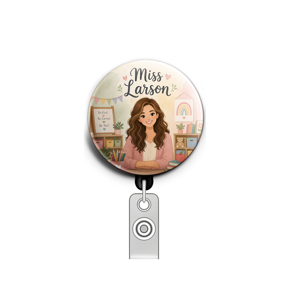 Custom Design – Make a teacher with wavy brown hair and light skin in a kind… - Badge Reel (Alligator, Black) - Topperswap