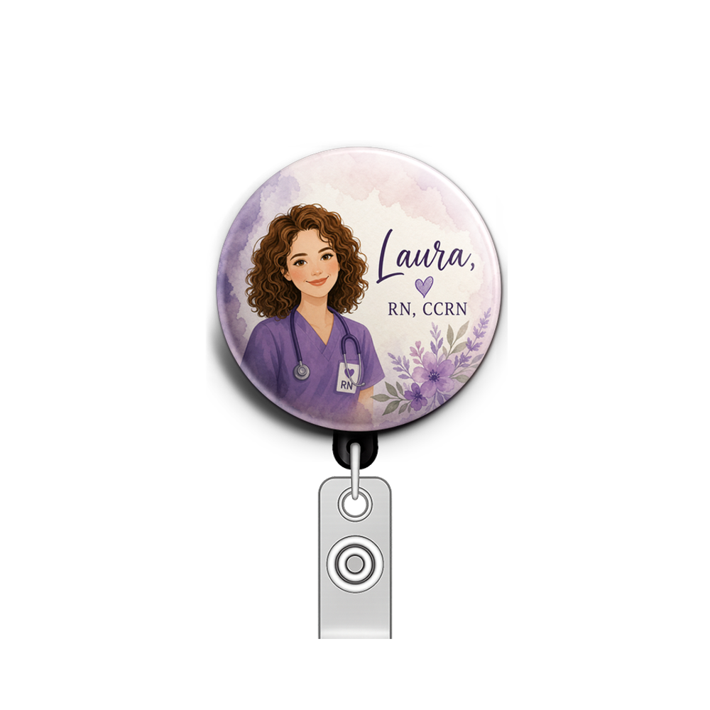 Custom Design – Make a nurse with light skin and curly brown shoulder length… - Badge Reel (Alligator, Black) - Topperswap