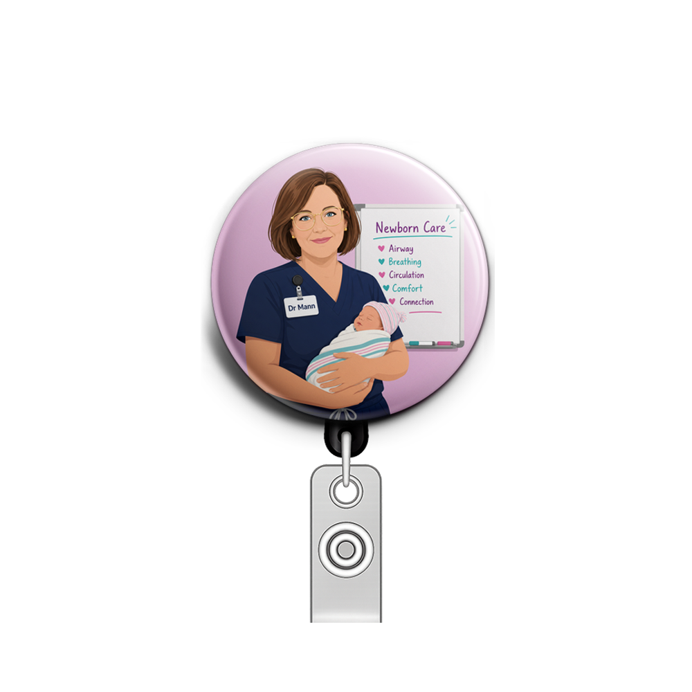 A white nurse in navy scrubs. Badge says Dr Mann. She is in…