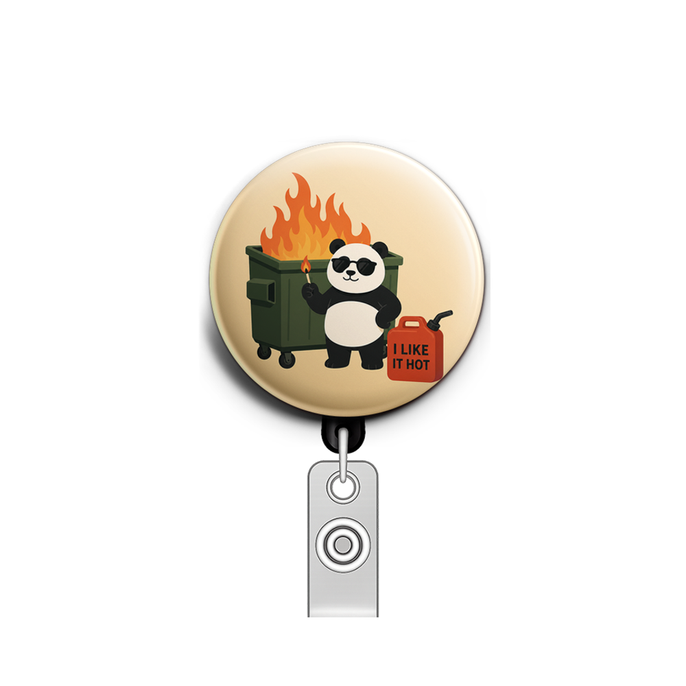 Custom Design – Dumpster fire with a panda holding a match and a gas caniste… - Badge Reel (Alligator, Black) - Topperswap