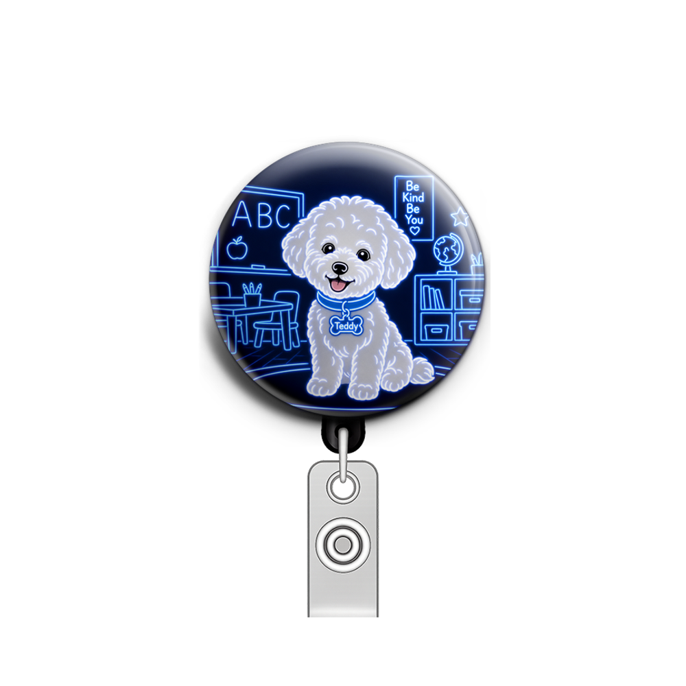 Custom Design – Make a white bichon dog with a blue collar that says “Teddy”… - Badge Reel (Alligator, Black) - Topperswap