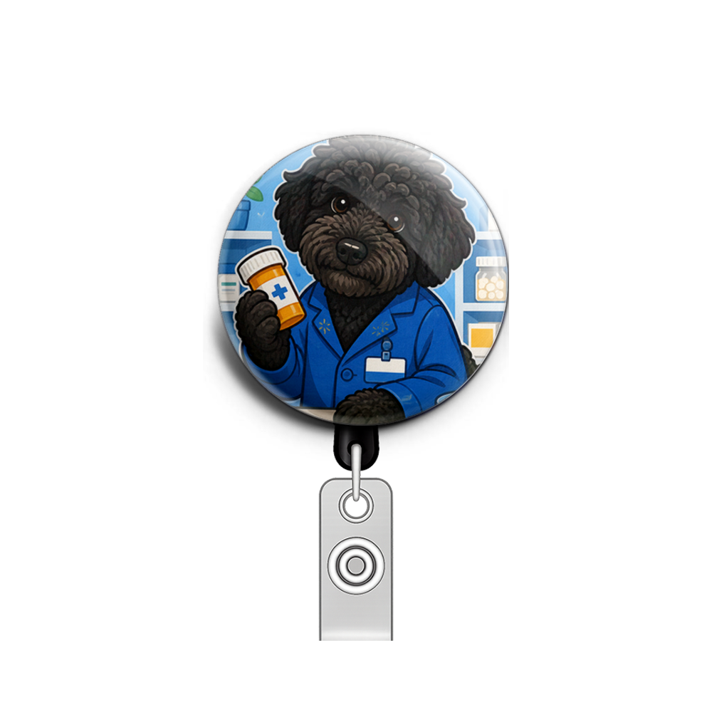 My dog as a pharmacy tech wearing a blue lab coat (Walmart)…