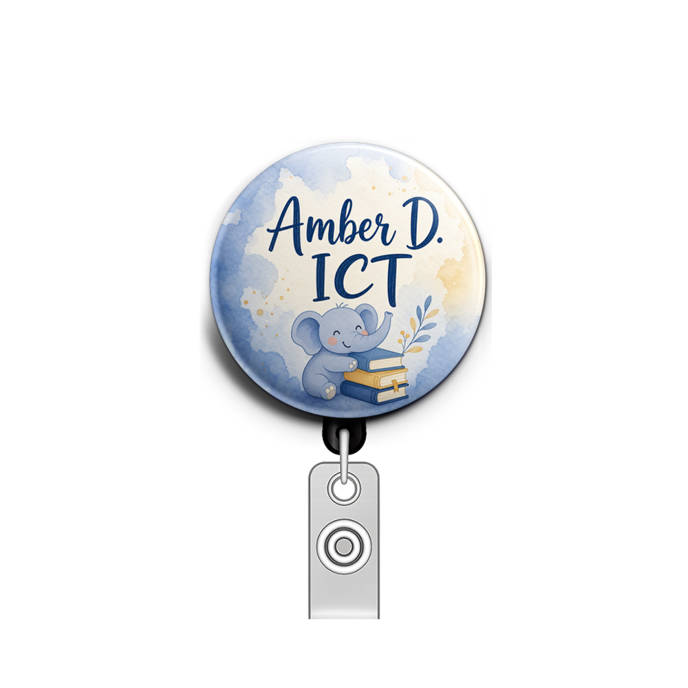 Amber D. ICT in blue with a small elephant or book