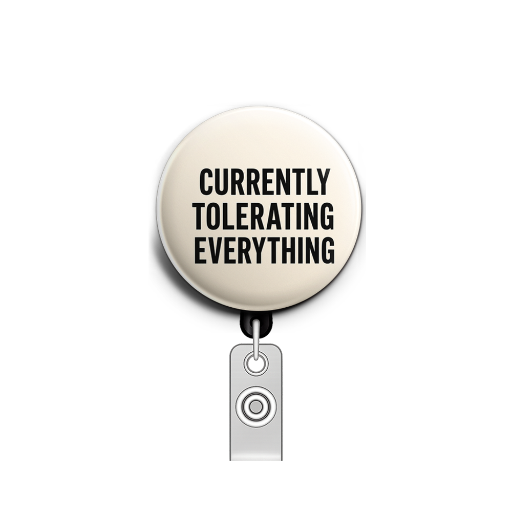 A minimalist text-only badge design. Bold sans-serif typogra…