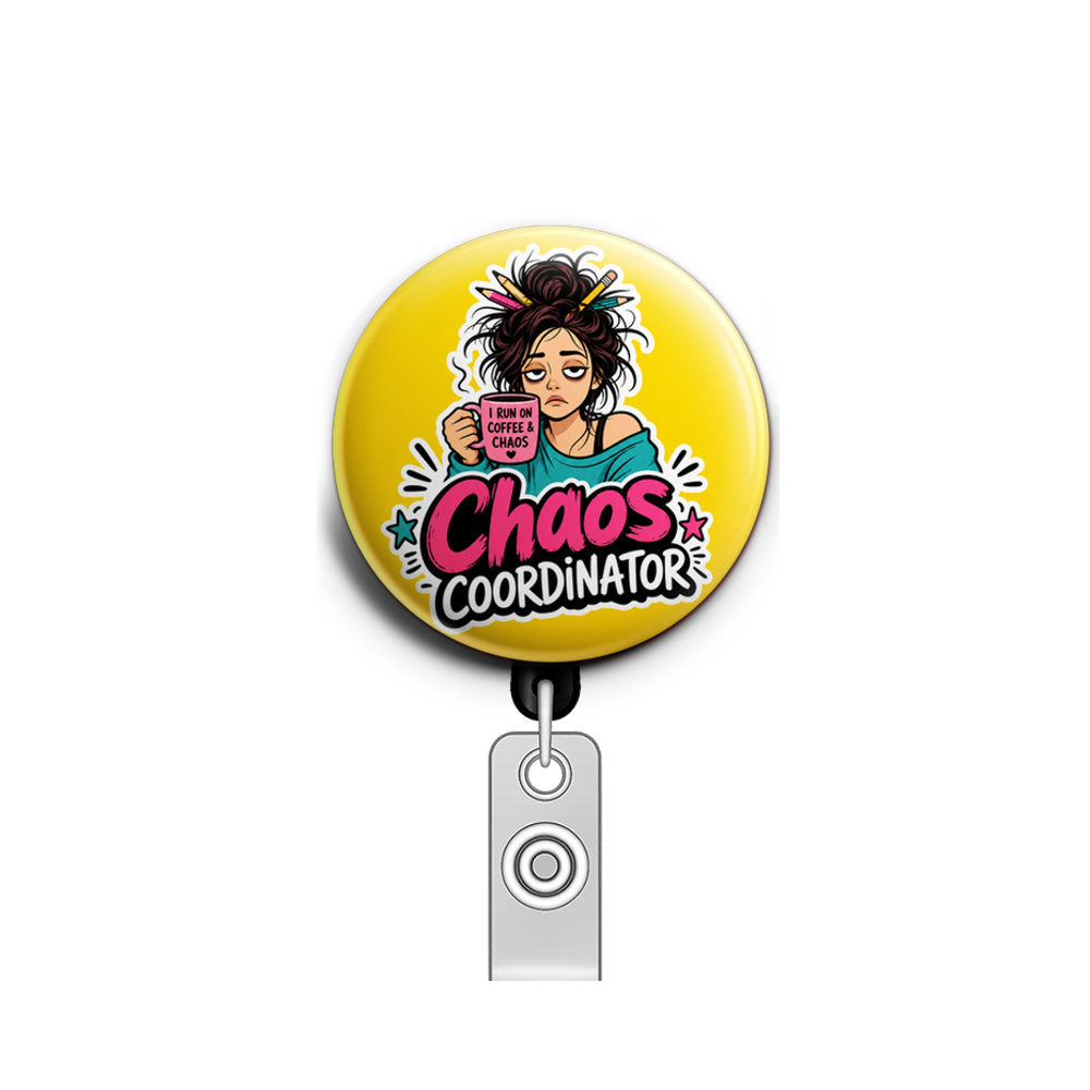 Custom Design – Tired woman holding a cup of coffee with messy hair and penc… - Badge Reel (Alligator, Black) - Topperswap