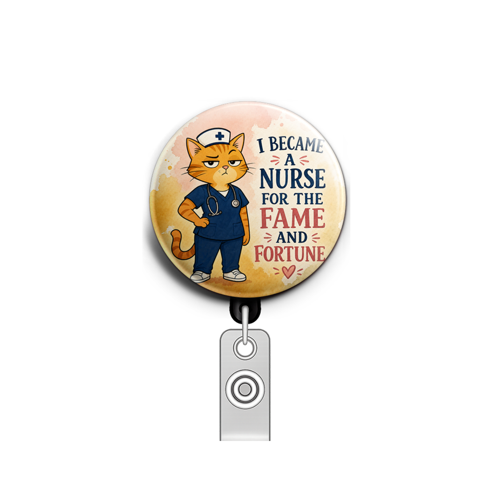A sassy cartoon cat wearing scrubs and a nursing cap, one pa…