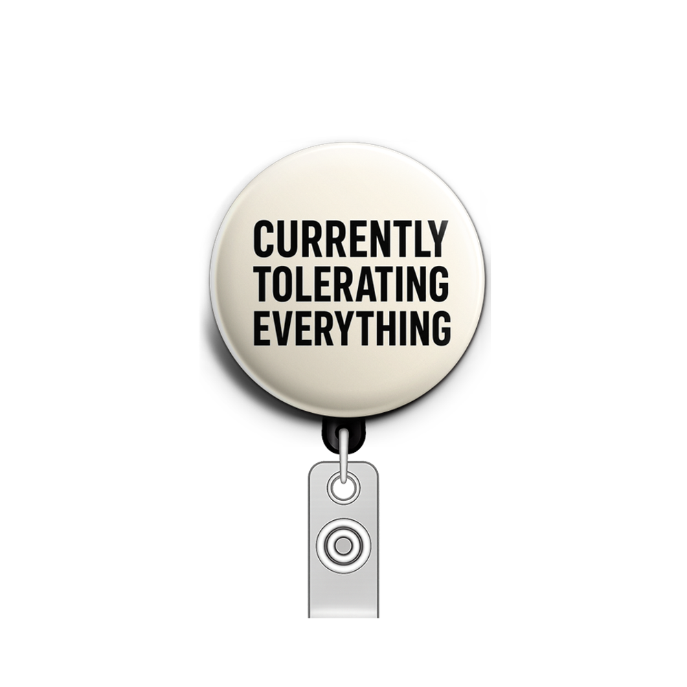 A minimalist text-only badge design. Bold sans-serif typogra…