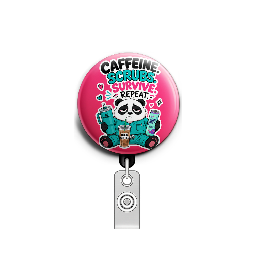 Custom Design – Tired panda in scrubs with ice coffee, Stanley cup, and an A… - Badge Reel (Alligator, Black) - Topperswap
