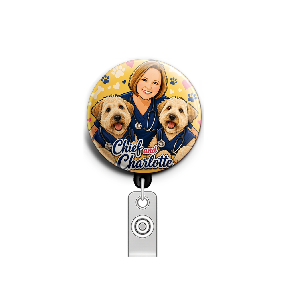 Me and my dogs wearing navy blue scrubs with stethoscopes