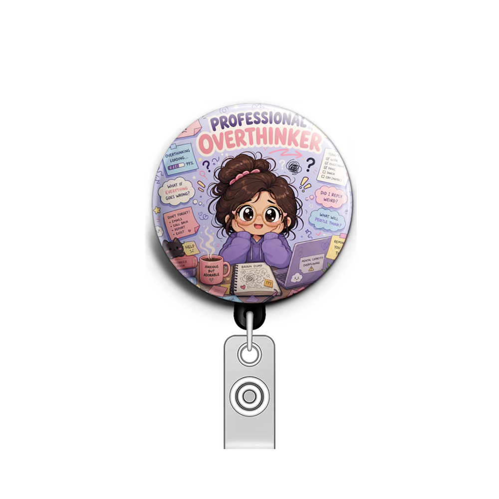 Custom Design – A cute wide-eyed character surrounded by floating tasks, sti… - Badge Reel (Alligator, Black) - Topperswap