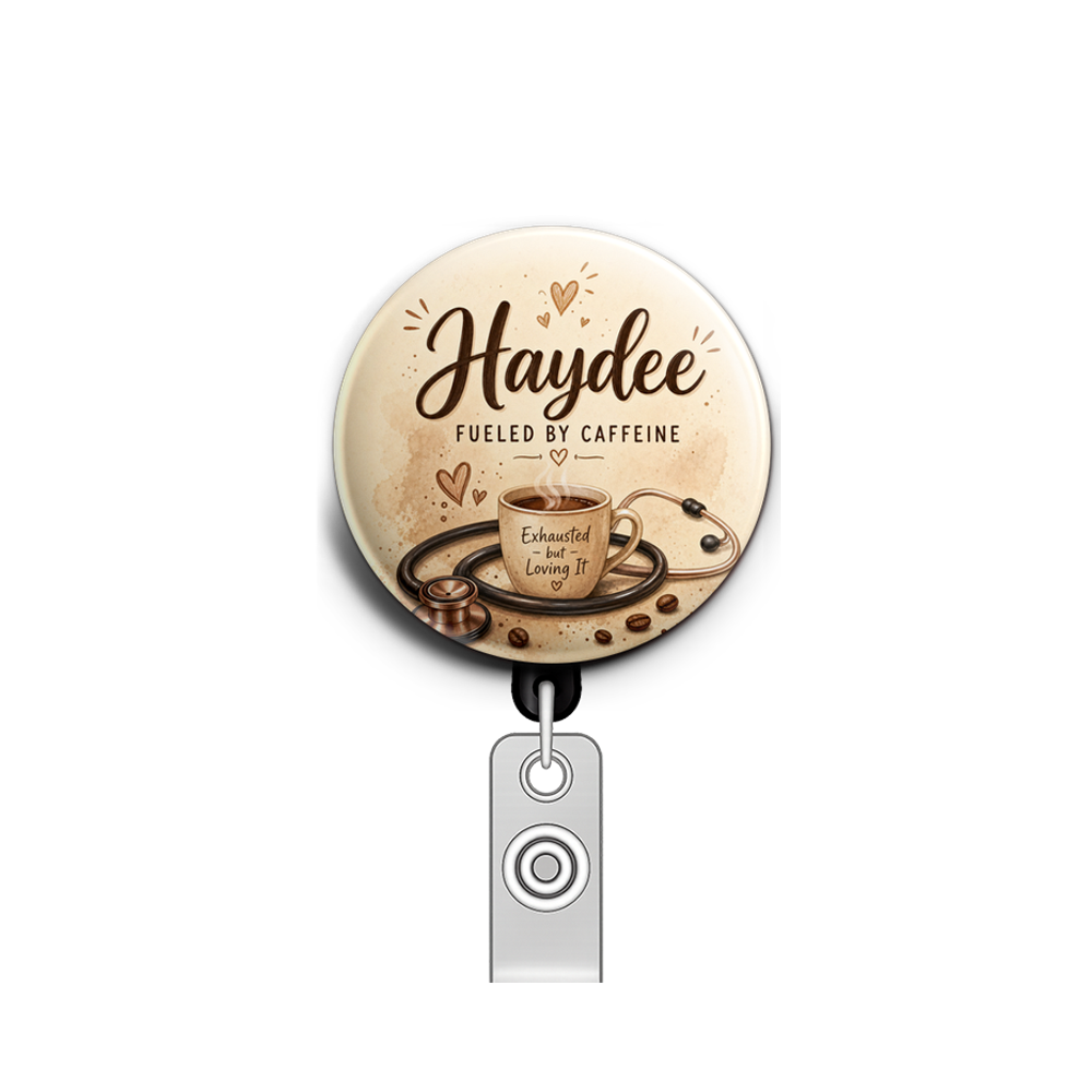 Haydee in flowing modern script, with "FUELED BY CAFFEINE" i…