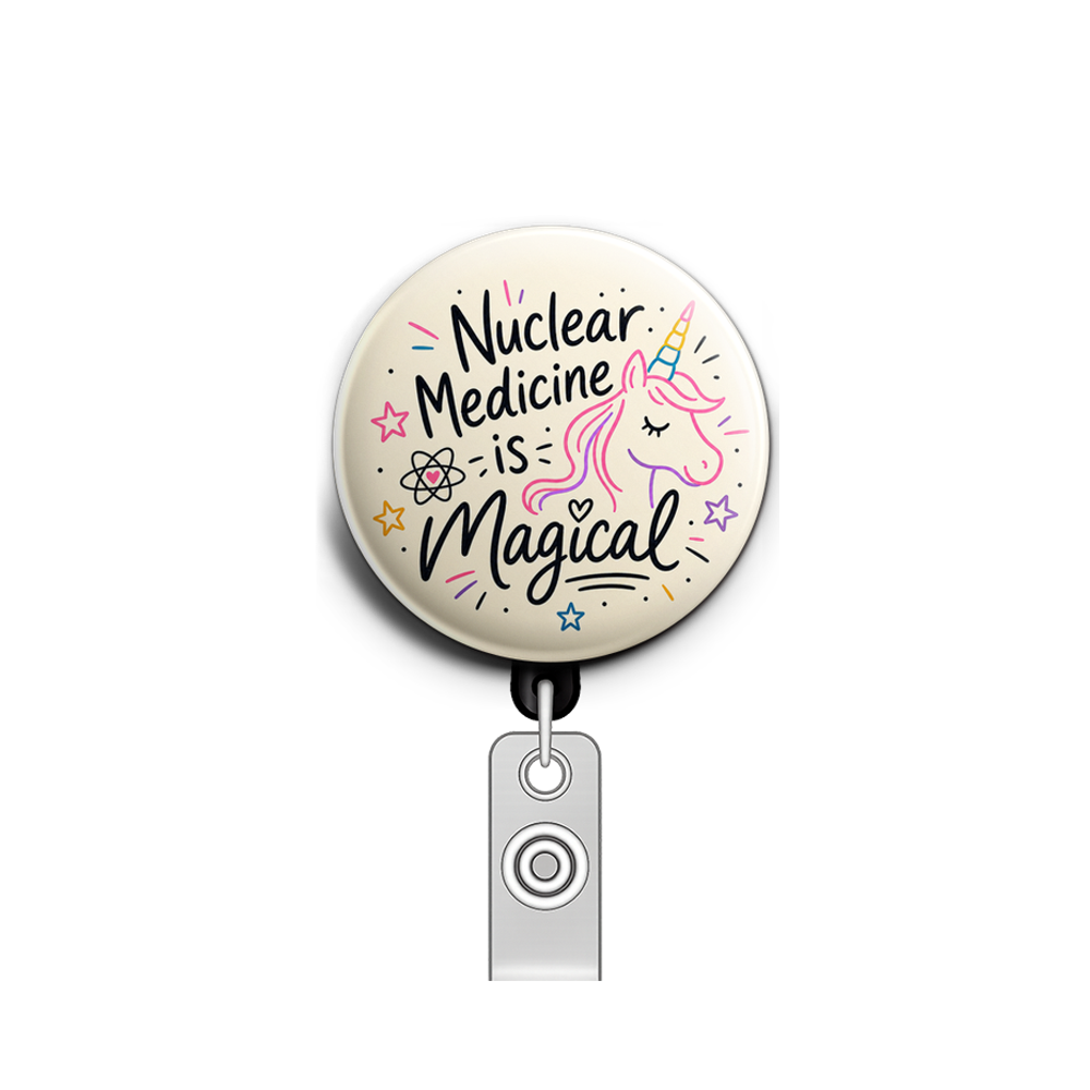 Custom Design – Nuclear Medicine is Magical with neon outline of unicorn hea… - Badge Reel (Alligator, Black) - Topperswap