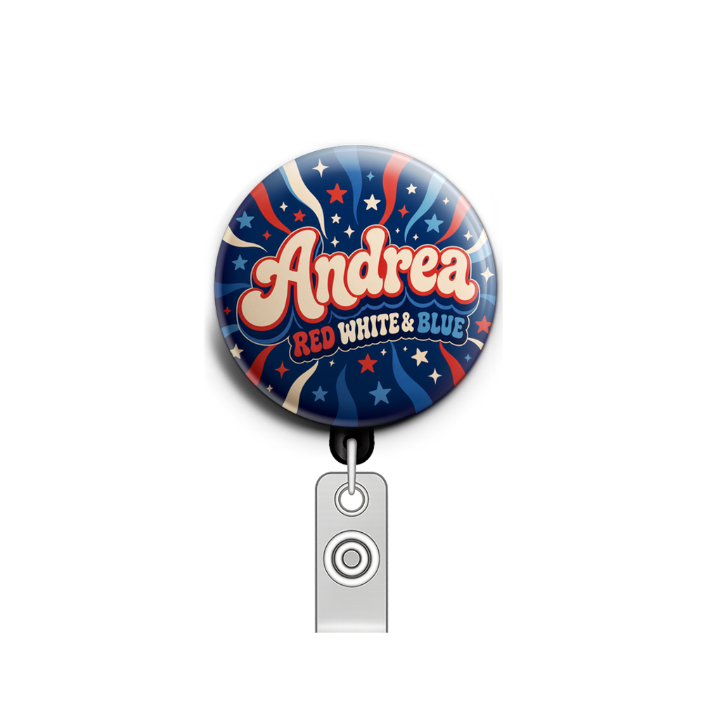 Andrea in retro 70s bubble script with "RED WHITE & BLUE" sm…