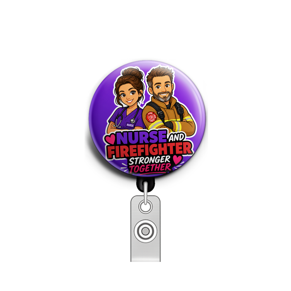 Purple background nurse with brown hair fireman with brown h…
