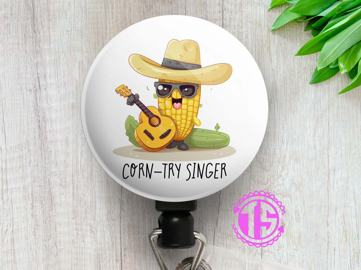 Corn-try Singer ID Badge Reel • Garden Vegetable Badge Holder • Swapfinity Slide Clip / Black
