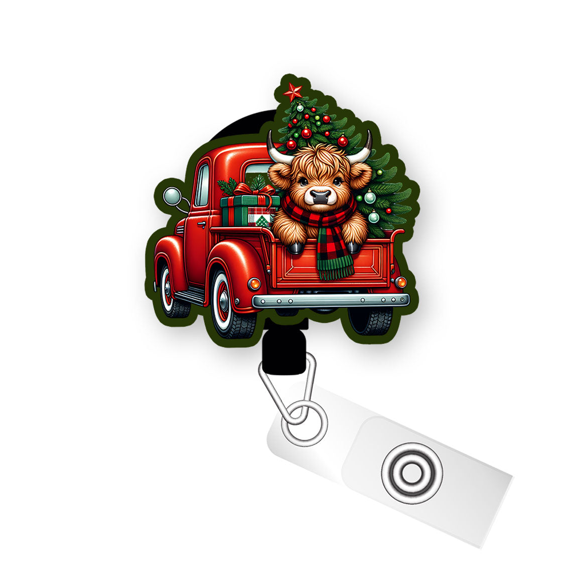 Merry Christmas Highland Cow Truck Pop Topper Swapfinity Retractable ID Badge Reel - Alligator Clip / Premium Matte - Topperswap