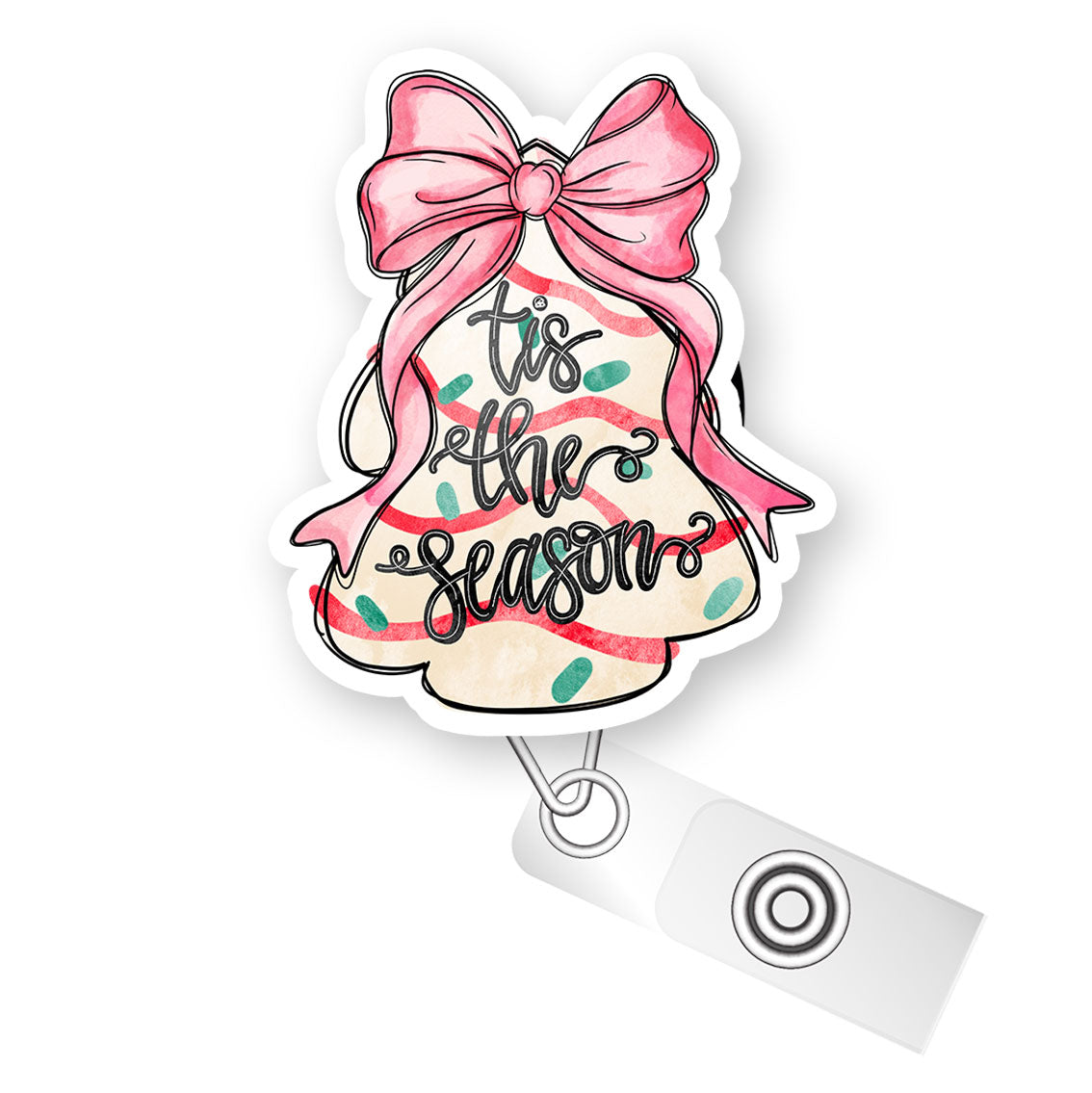 Pink Bow Christmas Tree Snack Cake Pop Topper Swapfinity Retractable ID Badge Reel - Alligator Clip / Premium Matte - Topperswap