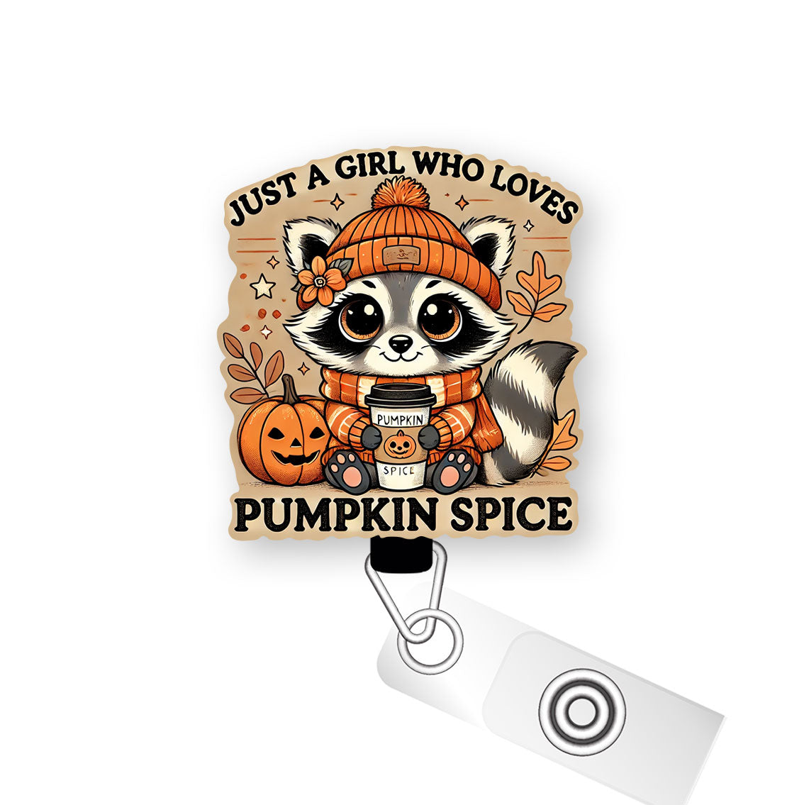 Pumpkin Spice Raccoon Pop Topper Swapfinity Retractable ID Badge Reel - Alligator Clip / Premium Matte - Topperswap