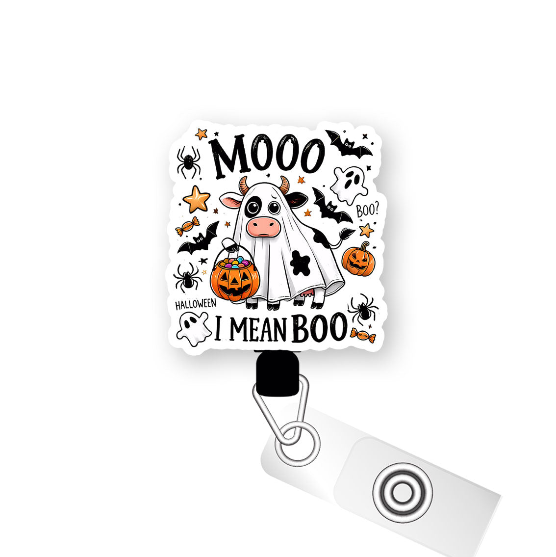 Mooo I Mean Boo Pop Topper Swapfinity Retractable ID Badge Reel - Alligator Clip / Premium Matte - Topperswap