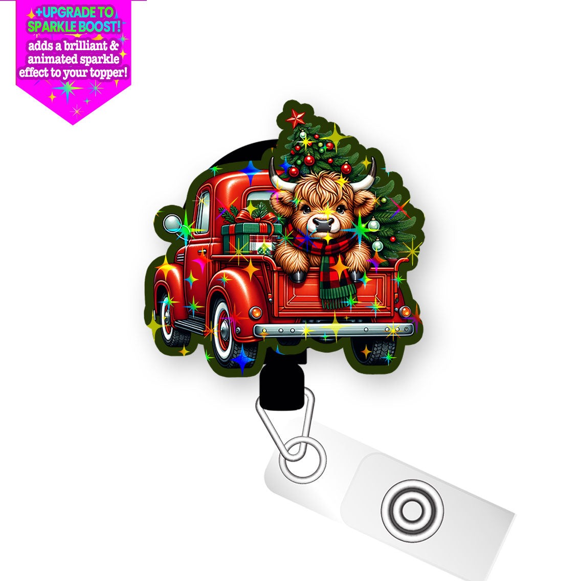 Merry Christmas Highland Cow Truck Pop Topper Swapfinity Retractable ID Badge Reel - Alligator Clip / Make it Sparkle - Topperswap