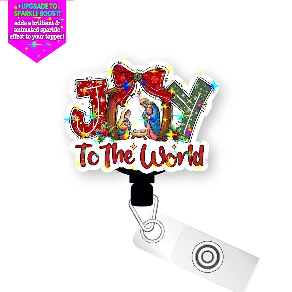 Joy to the World Sparkling Nativity Scene Pop Topper Swapfinity Retractable ID Badge Reel - Alligator Clip / Make it Sparkle - Topperswap