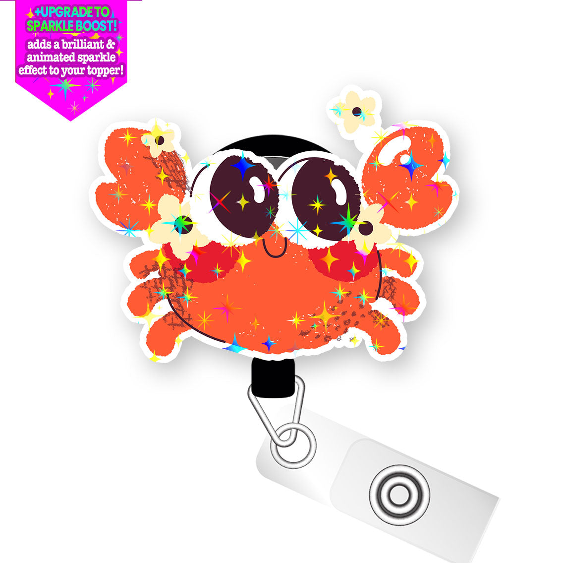 Cheerful Crab Pop Topper Swapfinity Retractable ID Badge Reel - Alligator Clip / Make it Sparkle - Topperswap