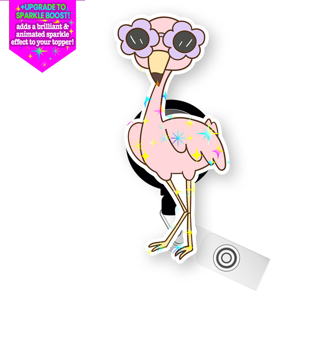 Flower Power Flamingo Pop Topper Swapfinity Retractable ID Badge Reel - Alligator Clip / Make it Sparkle - Topperswap