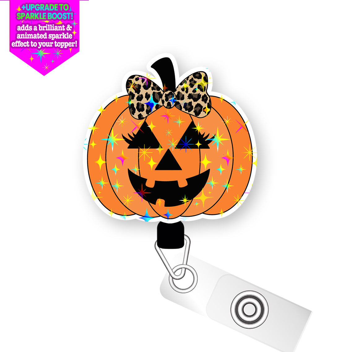 Leopard Glam Pumpkin Pop Topper Swapfinity Retractable ID Badge Reel - Alligator Clip / Make it Sparkle - Topperswap